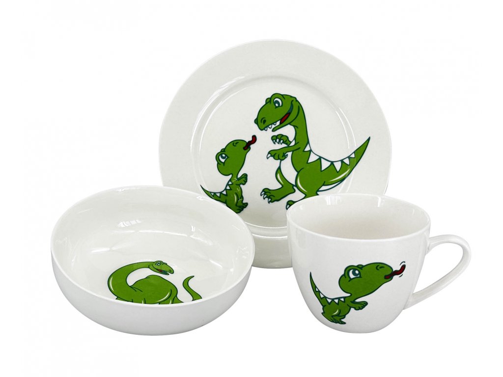 Dětský jídelní set DINO obsahuje talíř, misku, hrneček a je ozdoben milým dinosaurem Varianta B